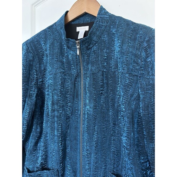 Chicos Womens Jacket Size 3 Shimmer Teal Textured Retro Elegant Dressy Casual - Picture 3 of 12